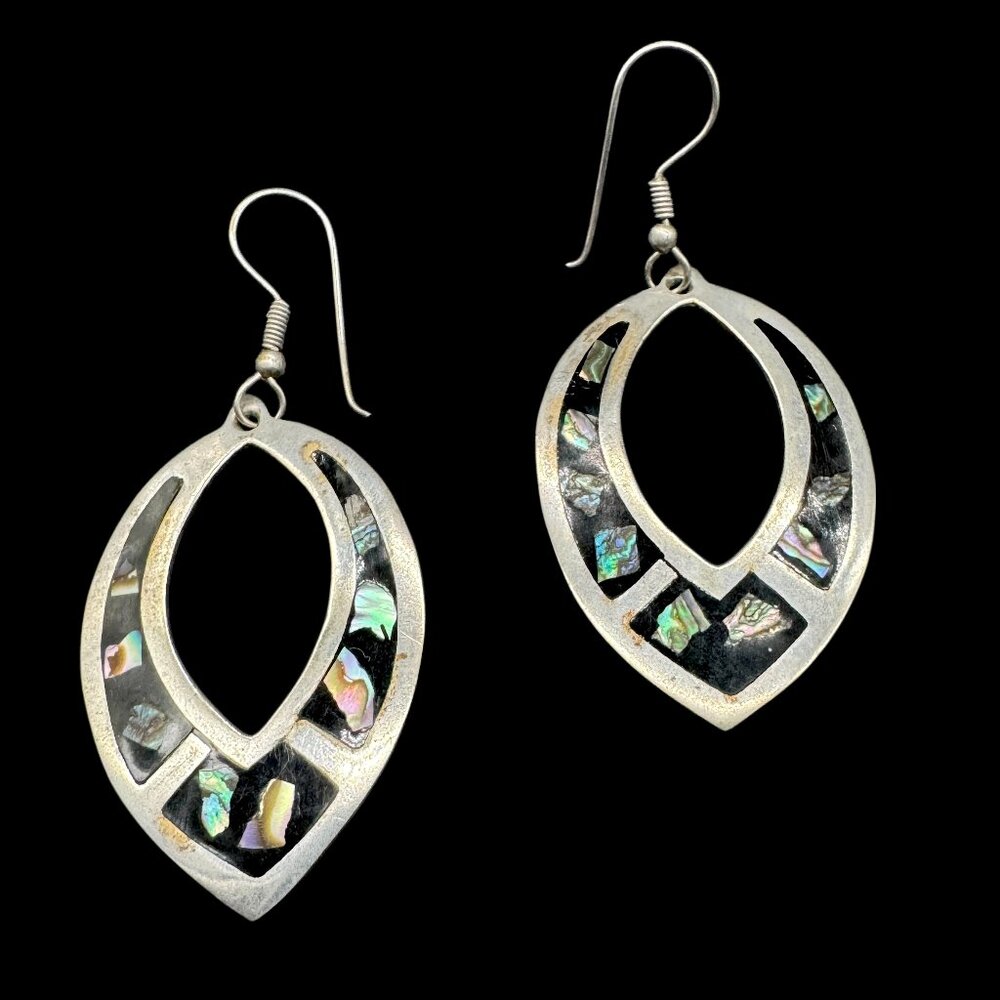 Vintage Alpaca Mexico Dangling Pierced Earrings Silver tone Abalone Shells Chips